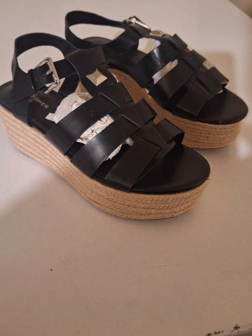 Womens Black Woven Platform Sandals with Jute Sole